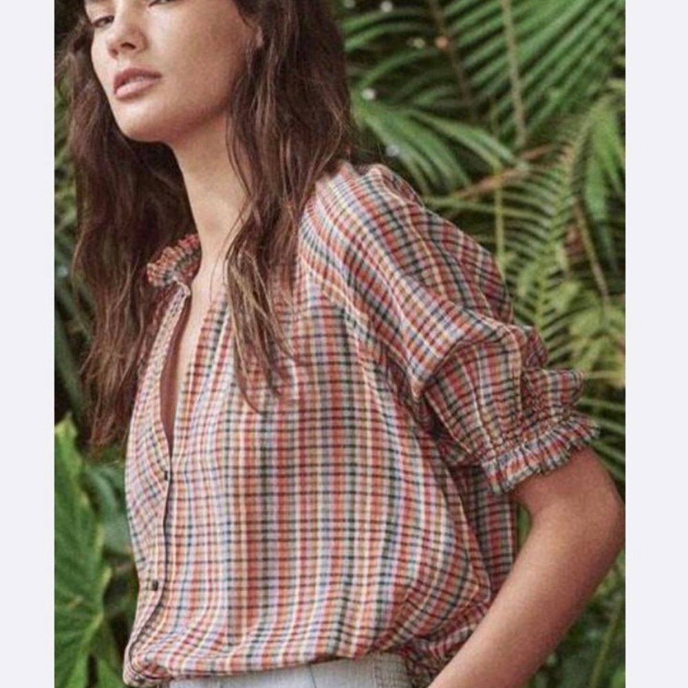 The GREAT. The Gather Top in Mid Summer Plaid
